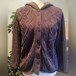 J JILL Hooded Cable Knit Button Down Cardigan Sweater w/Fun Button Detail Size S
